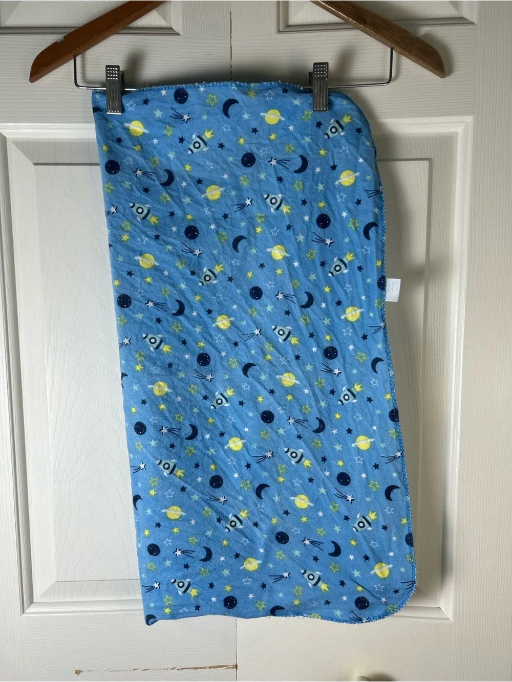 Kidgets Blue Outer Spaceship Baby Receiving Blanket Yellow Planets Stars Flannel